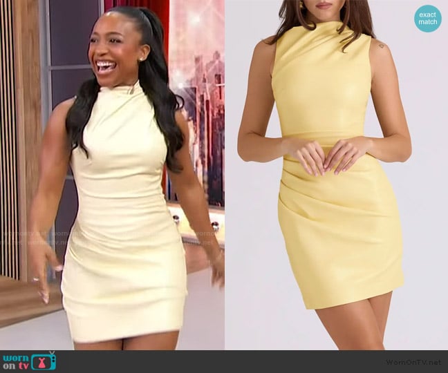 House of CB Maya Butter Yellow Faux Leather Cocktail Dress worn by Taylor Polidore Williams on Sherri