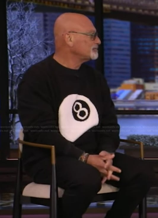 Howie Mandel’s black 8 ball sweater on Live with Kelly and Mark