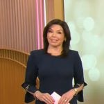 Meg Oliver’s navy chain sleeve dress on CBS Mornings