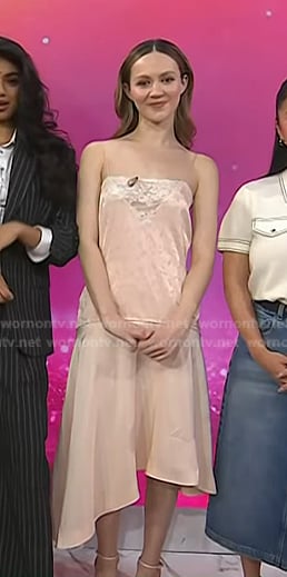 Iris Apatow’s pink asymmetric slip dress on Today