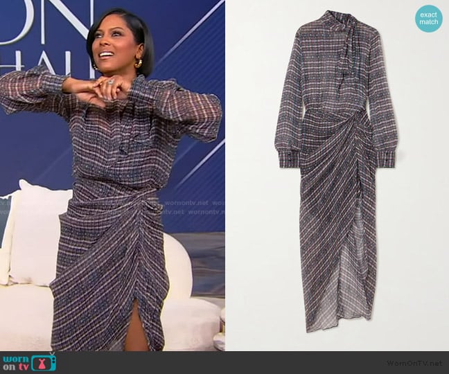 Isabel Marant Gloya tie-neck asymmetric checked silk-crepon shirt dress worn by Tamron Hall on Tamron Hall Show