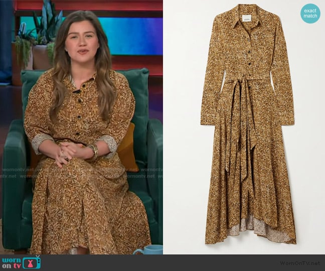 Isabel Marant Samantha asymmetric printed stretch-silk crepe de chine shirt dress worn by Kelly Clarkson on The Kelly Clarkson Show