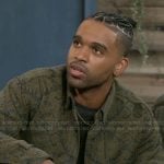 Izaiah’s green printed shirt jacket on Beyond the Gates