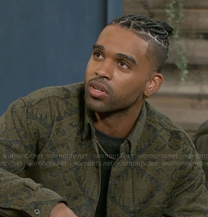 Izaiah’s green printed shirt jacket on Beyond the Gates