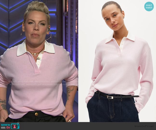 Pink’s pink contrast polo sweater on The Kelly Clarkson Show