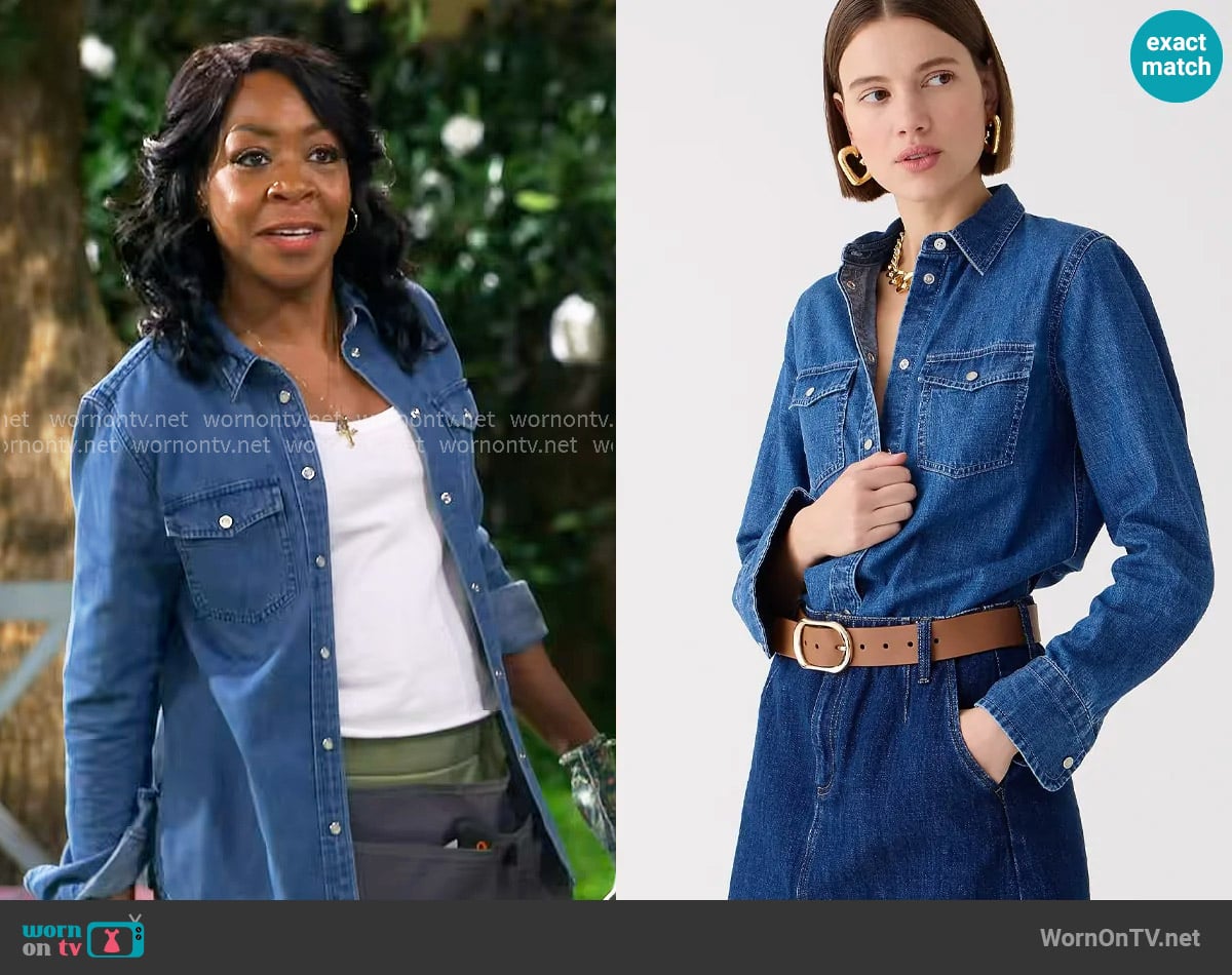 J. Crew Wren slim western chambray shirt in Villere wash worn by Tina Butler (Tichina Arnold) on The Neighborhood
