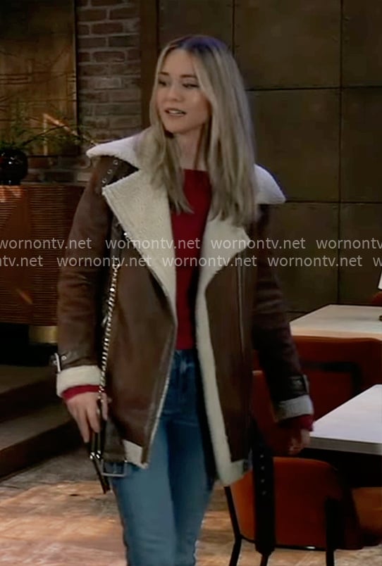 Jacinda’s brown faux leather jacket with shearling trim on General Hospital
