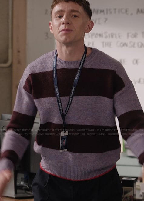 Jacob’s purple stripe sweater on Abbott Elementary