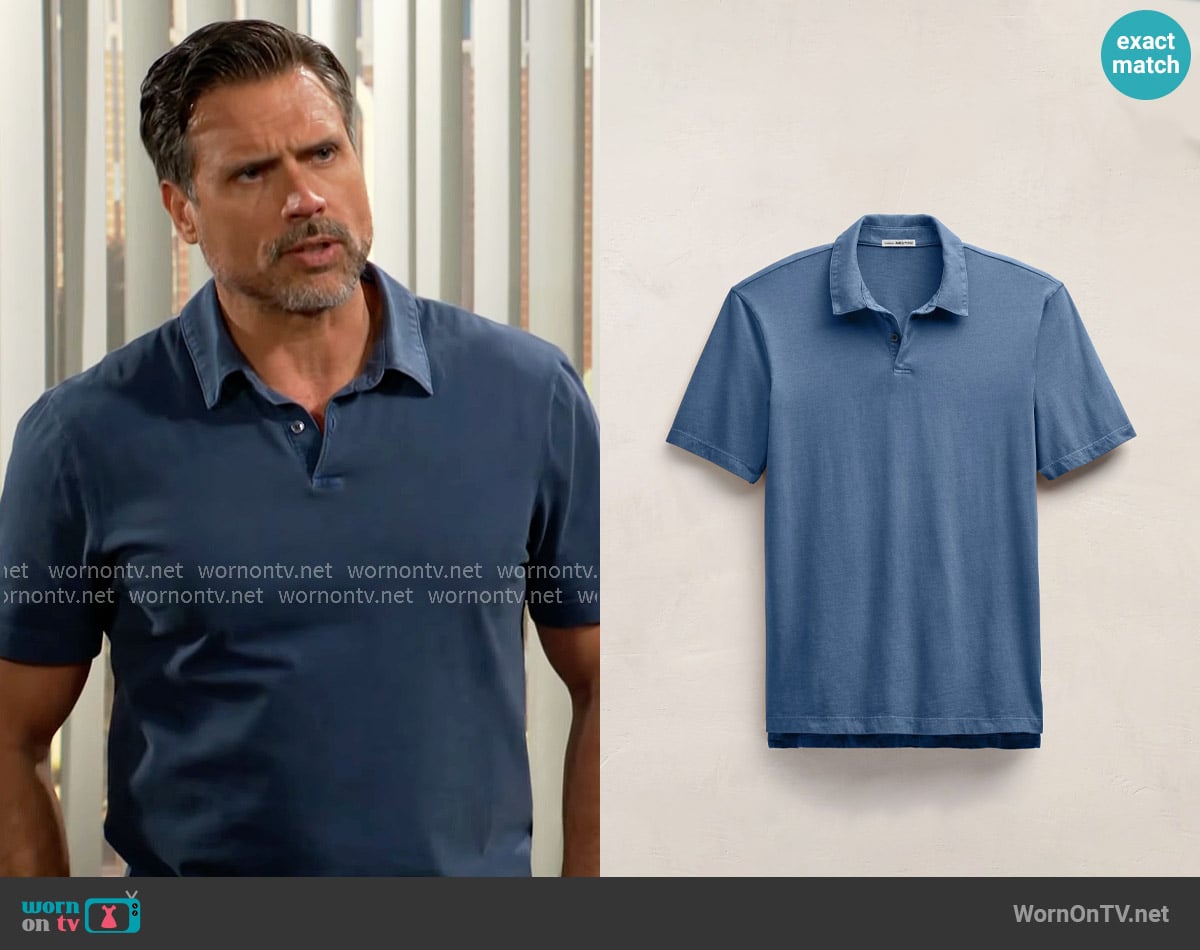 James Perse Sueded Jersey Polo in Lake Pigment worn by Nick Newman (Joshua Morrow) on The Young and the Restless