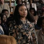 Janine’s black printed maxi dress on Abbott Elementary