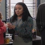 Janine’s teal speckled cardigan on Abbott Elementary