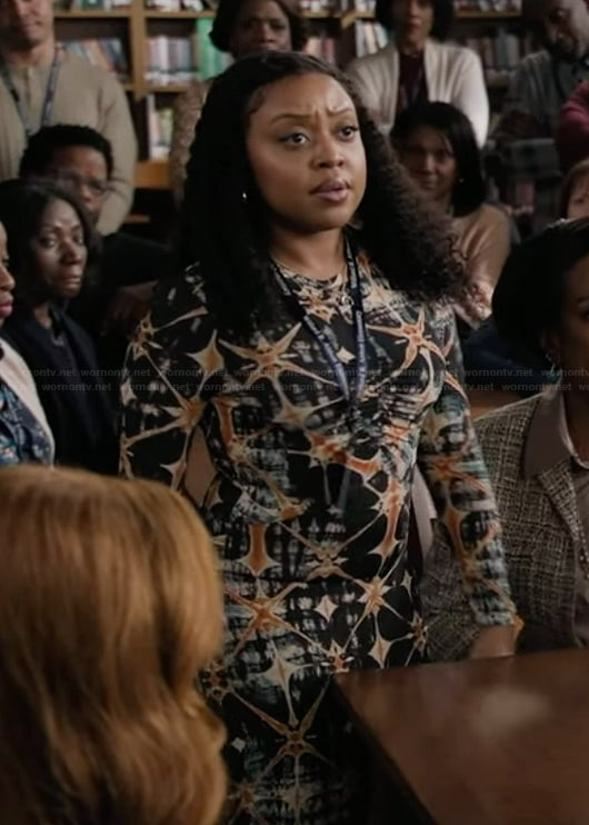 Janine’s black printed maxi dress on Abbott Elementary