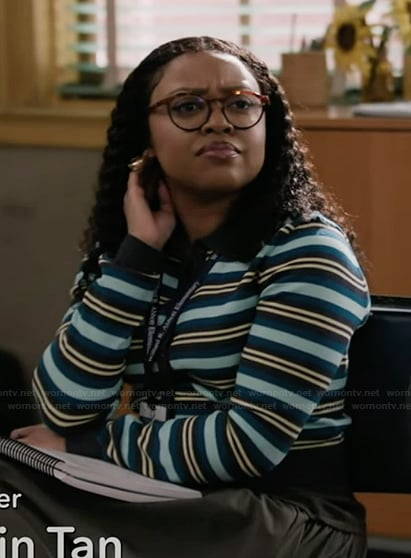 Janine’s blue striped cardigan on Abbott Elementary