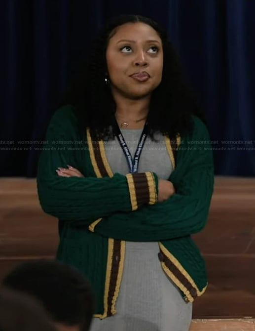 Janine’s green cable knit cardigan on Abbott Elementary
