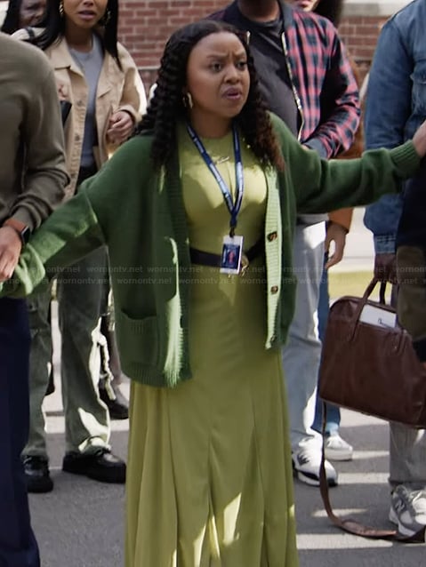 Janine’s green knit cardigan on Abbott Elementary