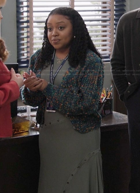 Janine's teal speckled cardigan on Abbott Elementary