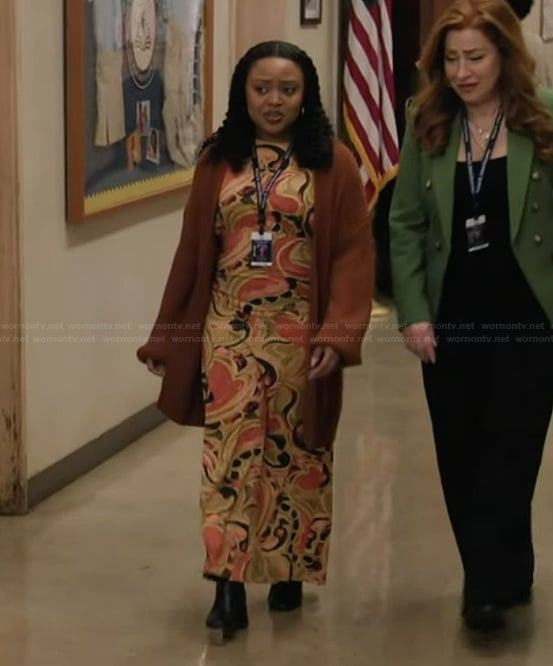 Janine's yellow paisley print dress on Abbott Elementary