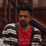 Jay’s olive green striped cardigan on Ghosts