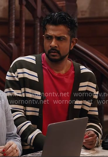 Jay's olive green striped cardigan on Ghosts