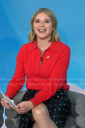 Jenna’s red polo sweater and grommet skirt on Today