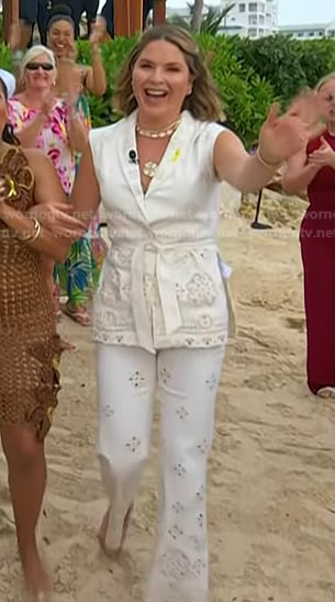 Jenna’s white eyelet wrap top and pants on Today