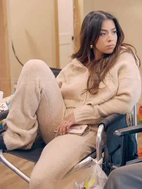 Jen's beige teddy sweatshirt and pants on The Secret Lives of Mormon Wives