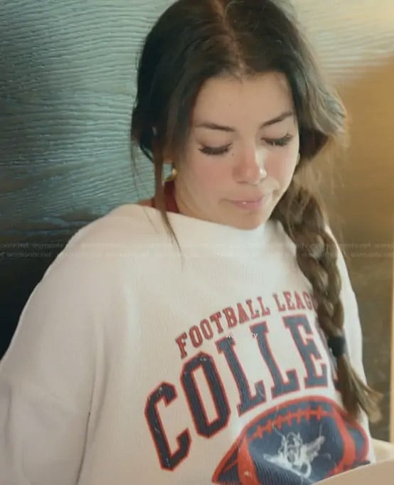 Jen’s white printed sweater on The Secret Lives of Mormon Wives