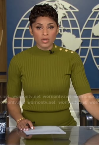 Jericka’s green button-shoulder ribbed dress on CBS Evening News