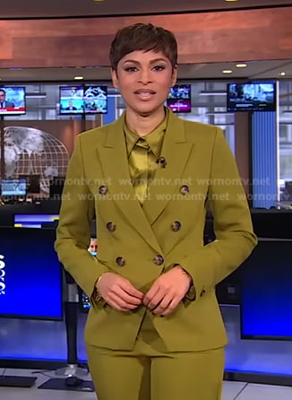 Jericka’s green satin shirt and blazer on CBS Evening News