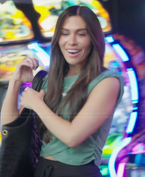 Jessi’s green wrap hem crop top on The Secret Lives of Mormon Wives