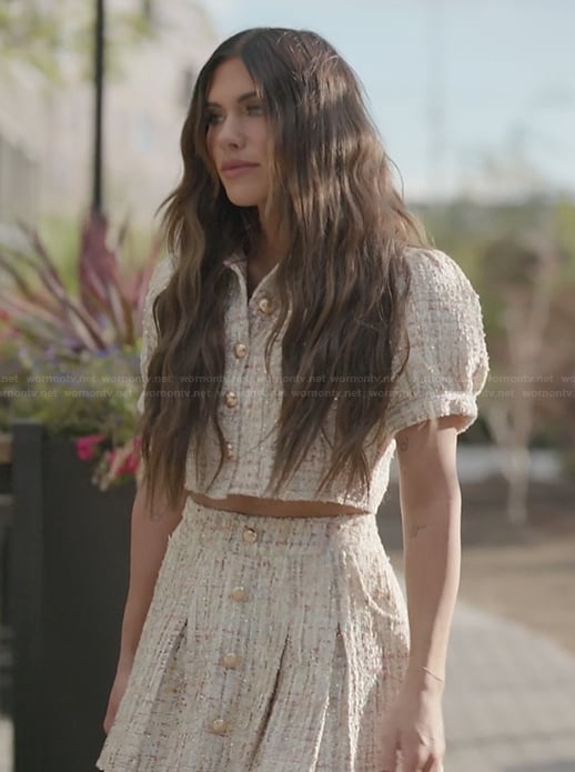 Jessi’s tweed crop top and mini skirt on The Secret Lives of Mormon Wives