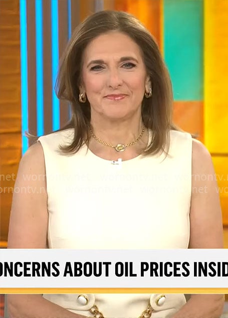 Jill Schlesinger’s cream chain waist dress on CBS Mornings