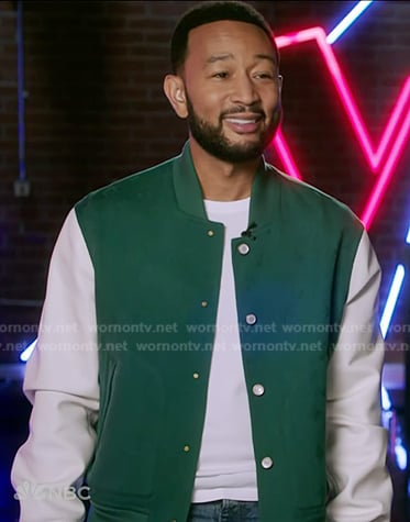 John Legend's green varsity jacket and distressed jeans on The Voice