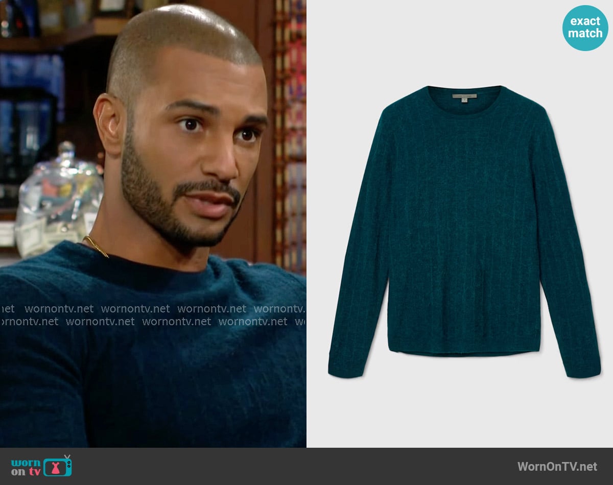 John Varvatos Baiso Crew Sweater in Sea Green worn by Holden Novak (Nathan Owens) on The Young and the Restless