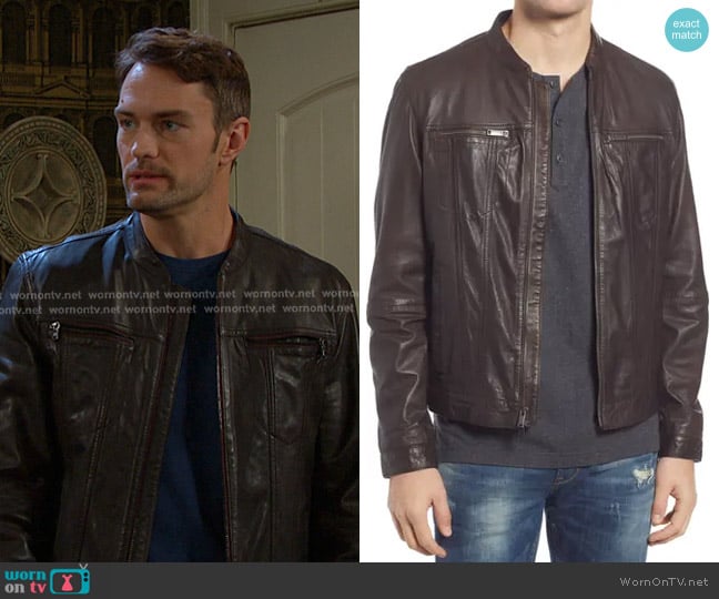John Varvatos Brando Band Collar Jacket in Chocolate worn by Andrew Donovan (Colton Little) on Days of our Lives