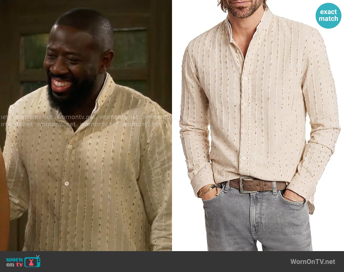 John Varvatos Brayden Band Collar Button-Up Shirt worn by Malcom (Sheaun McKinney) on The Neighborhood