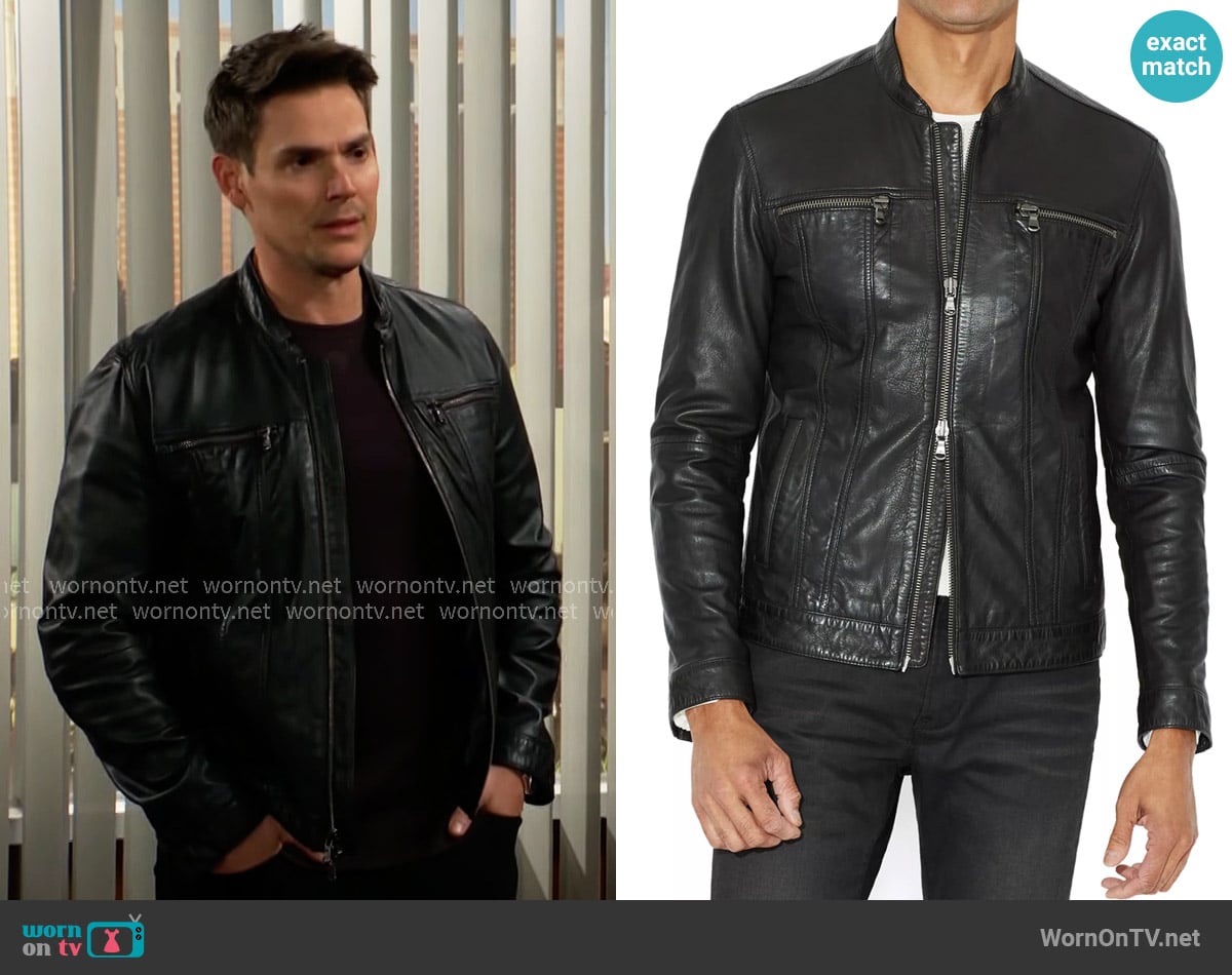 John Varvatos Leather Band Collar Moto Jacket worn by Adam Newman (Mark Grossman) on The Young and the Restless