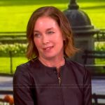 Julianne Nicholson’s brown leather jacket and skirt on The View