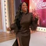 Kandi Burruss's brown satin feather trim dress on Sherri