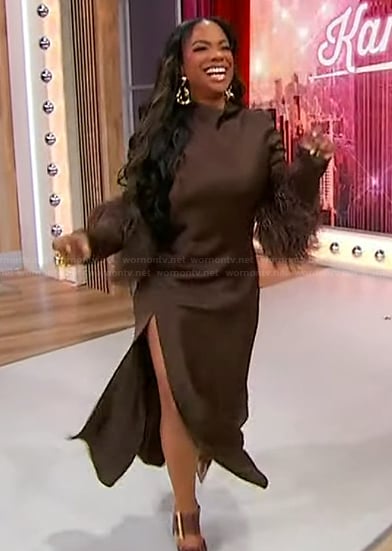 Kandi Burruss’s brown satin feather trim dress on Sherri
