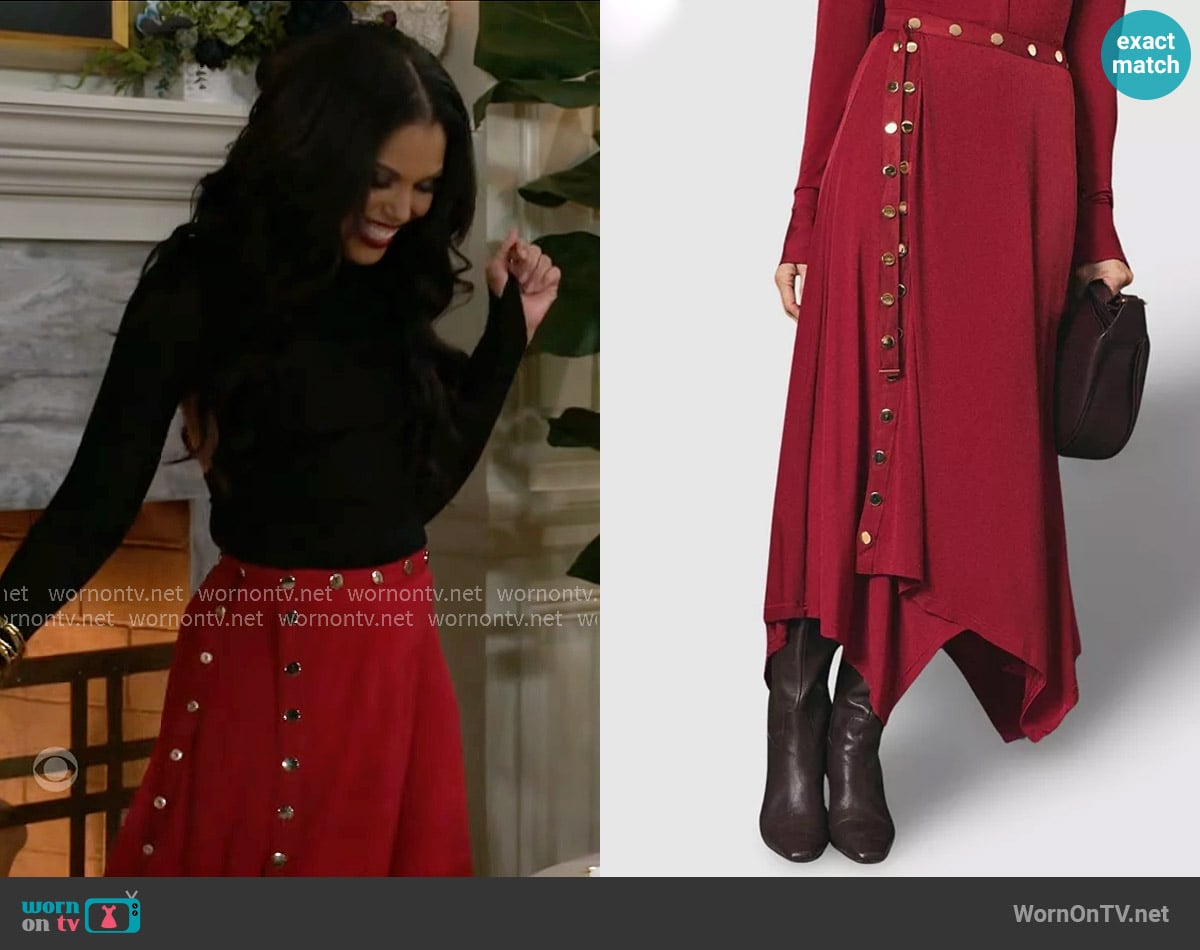 Karen Millen Crepe Hanky Hem Eyelet Maxi Skirt worn by Dani Dupree (Karla Mosley) on Beyond the Gates