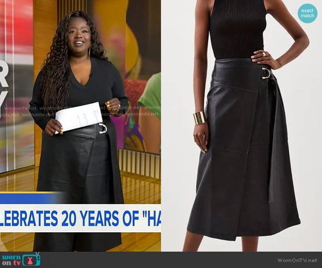Karen Millen Faux Leather Tie Detail Wrap Midi Skirt worn by Kelley L. Carter on Good Morning America