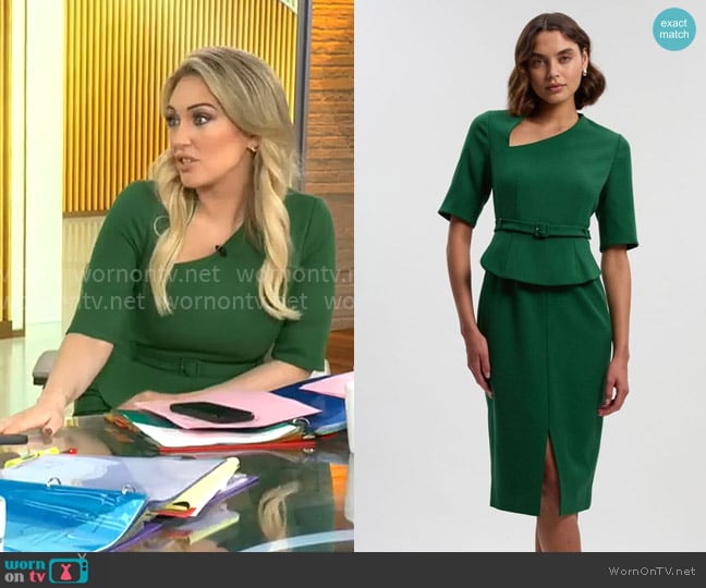 Karen Millen Structured Crepe Forever Asymmetric Neck Belted Pencil Midi Dress in Dark Green worn by Kelly O'Grady on CBS Mornings