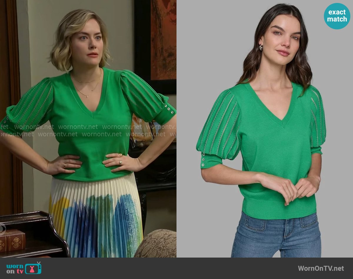 Karl Lagerfeld Paris Puffed-Sleeve V-Neck Sweater worn by Hope Logan (Annika Noelle) on The Bold and the Beautiful