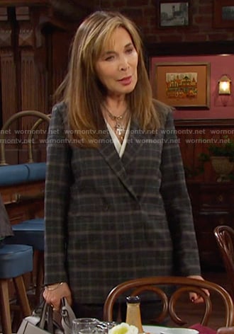 Kate’s dark grey plaid and pants on Days of our Lives
