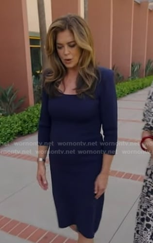 Kathy Ireland’s navy square neck sheath dress on Good Morning America