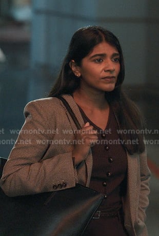 Kavita's brown ribbed cardigan and grey houndstooth blazer on Greys Anatomy