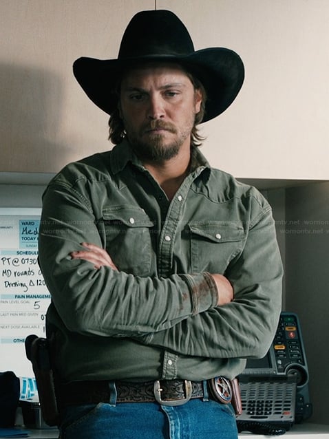 Kayce’s green button down western shirt on Marshals