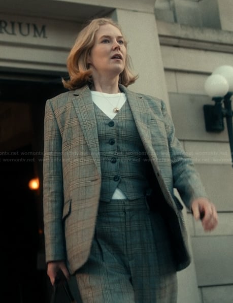 Kay’s plaid blazer and pants on Scarpetta