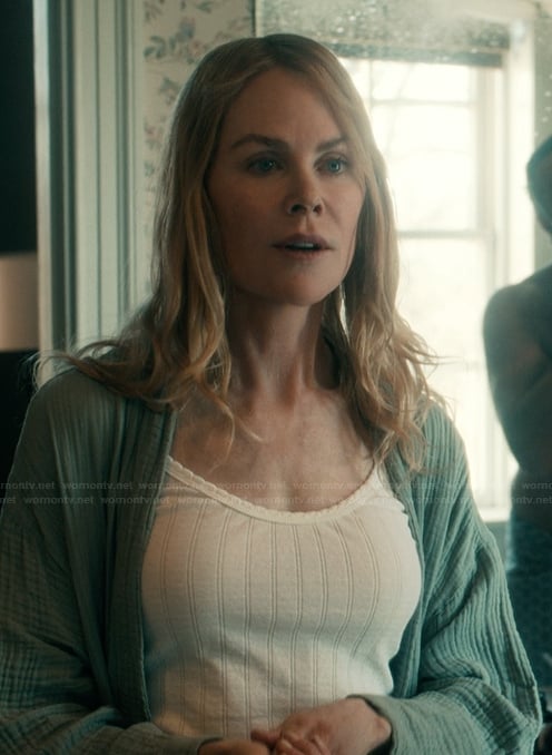 Kay's white cami top on Scarpetta